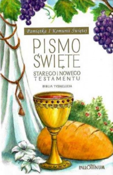 Biblia Tysiąclecia z obwolutą i wklejką na I Komunię Świętą : Biblia