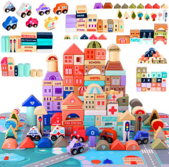 Klocki drewniane Miasto 115 szt + mata-puzzle : Gry i zabawy