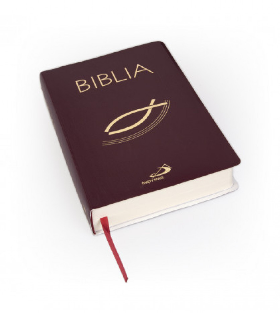 Biblia "z rybką" - oprawa balacron, bordowa, z kolorową wkładką